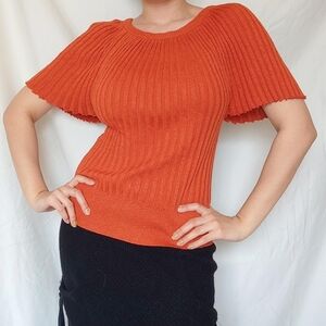Orange Sparkly Short Sleeved Ribbed Top